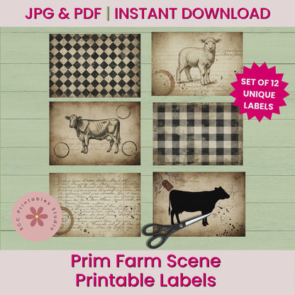 Primitive Farm Scene Printable Labels, Vintage Cow, Sheep & Chicken Collage Sheets, Junk Journal Cards, Scrapbooking Supplies, Card Fronts