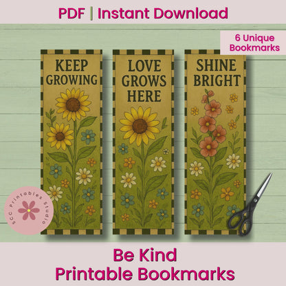 Bee Kind Printable Bookmarks, Retro Floral Bookmark Set, Sunflower Bookmark, Teacher Gift, Inspirational Reading Gifts, Teacher Appreciation