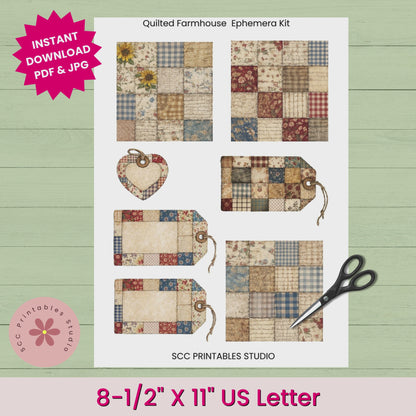 Quilted Farmhouse Ephemera Kit, Primitive Americana Printable Tags & Labels, Rustic Junk Journal & Scrapbooking Paper Craft Set
