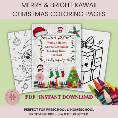 Christmas Coloring Pages for Kids, Kawaii Animal Holiday Activity Sheets, Printable Christmas Worksheets for Classroom & Homeschool Fun