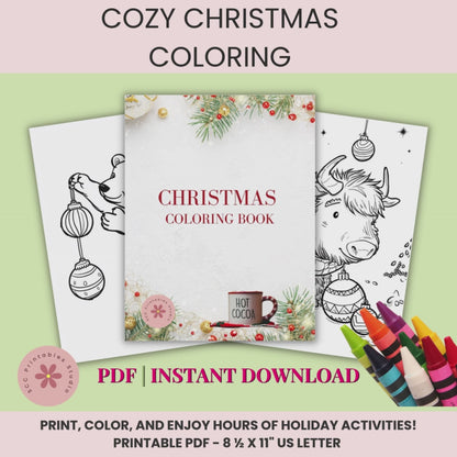 Cozy Christmas Coloring Book Printable for Kids & Adults, Winter Holiday Coloring Pages with Santa, Reindeer & Snowmen