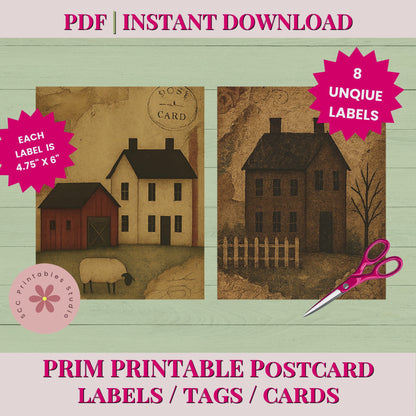 Primitive Americana Postcard Printable Labels, Prim Saltbox House, Sheep, Flag, Postmarks Junk Journal Collage Sheets, Scrapbook Ephemera