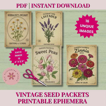 Vintage Seed Packet Printable Labels, Vegetable, Herb & Flower College Sheet for Junk Journals, Antique Ephemera for Scrapbooking and Crafts