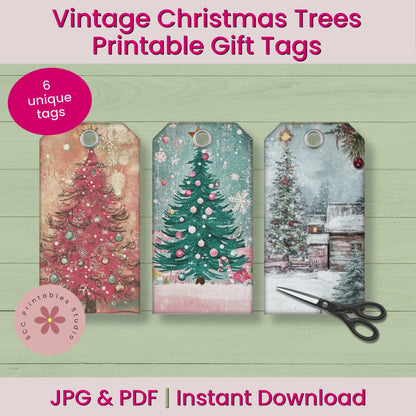 Vintage Christmas Trees Printable Gift Tags, Retro Christmas Tree, Holiday Junk Journal Ephemera, Scrapbook Elements, Paper Crafts