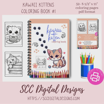 Cats Printable Coloring Book, Kawaii Kittens Print at Home Color Book, Stress Relief Relaxing & Therapeutic Digital Illustration, Instant Download  PDF
