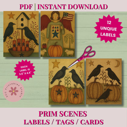 Primitive Farmhouse Scene Mini Prints, Americana Printable Collage Sheets, Saltbox House, Pumpkins, Sheep & Angels Junk Journal Art Cards