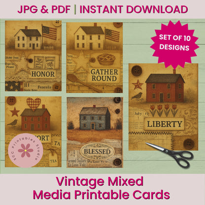 Primitive Mixed Media Printable Cards & Journal Labels – Americana Folk Art Collage Sheets for Junk Journals & Scrapbooking