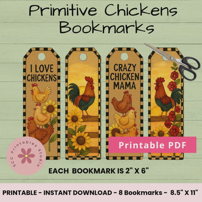 Primitive Chicken Printable Bookmark Set – Hens, Roosters & Sunflowers, Rustic Americana Book Lover Gift