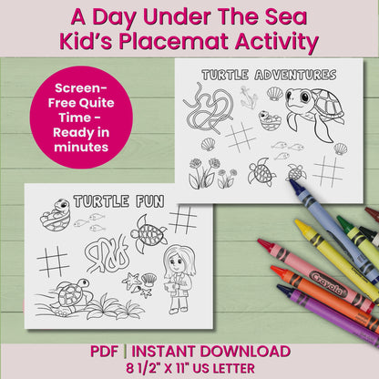 Under the Sea Printable Activity Book for Kids, Turtle & Ocean Theme Worksheets, Coloring, Puzzles & Placemats for Preschool & Classroom
