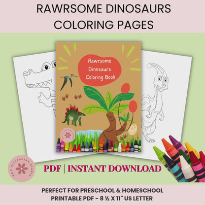 Dinosaur Coloring Pages for Kids, Printable Activity Book, Educational Worksheets for Homeschool & Classroom Fun