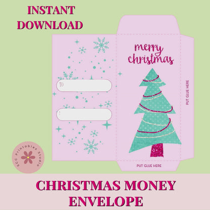 Pink Christmas Cash Envelope, Printable Turquoise Holiday Tree Gift Card Holder, Elegant Retro Glitter Stocking Stuffer, Christmas Money Gift Envelope
