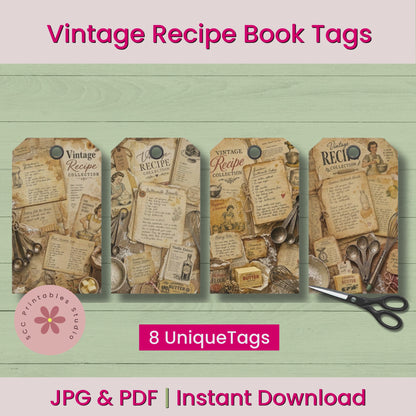 Vintage Recipe Collection Printable Gift Tags, Farmhouse Kitchen Baking Ephemera, Junk Journal Tags, Scrapbooking & Paper Crafting Collage Sheet