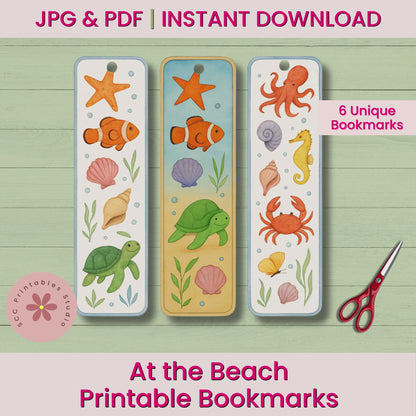 At the Beach Printable Bookmarks, Fish Turtles Crabs Lighthouse & Shells Bookmark Under the Sea Party Favors for Kids, Summer Reading Reward