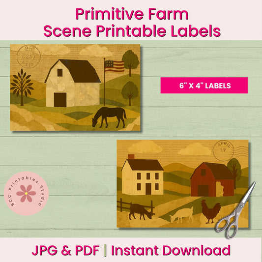 Primitive Farm Scene Printable Labels with barn, house, and animals on a wooden background.