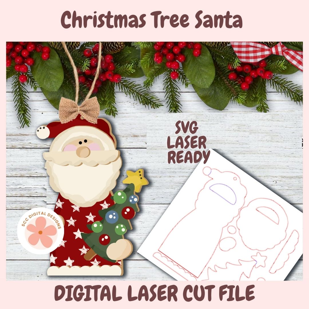 Digital product listing graphic for a Christmas Tree Santa SVG laser cut file. The image shows a decorated Christmas tree Santa ornament on a rustic white wood background with pine garlands and red berries, alongside a sheet showing the cutout template outline.