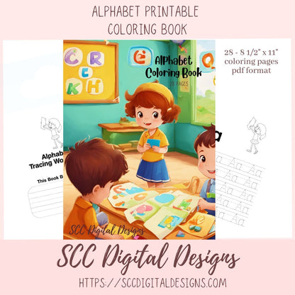 Alphabet Printable Coloring Book for Kids, Fun and Educational Activity for Boys and Girls, Preschool Tracing, Homeschool Worksheet Activity