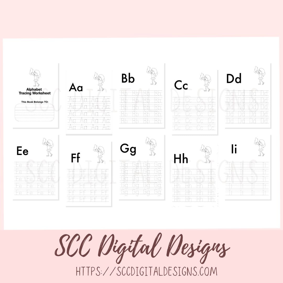 Alphabet Printable Coloring Book for Kids, Fun and Educational Activity for Boys and Girls, Preschool Tracing, Homeschool Worksheet Activity