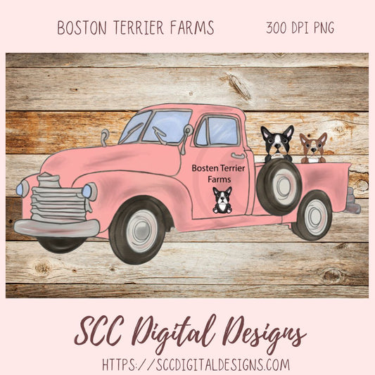 Boston Terrier PNG, Vintage Pink Truck, Black & White Dog Clipart, T-Shirts for Mom, Animal Lover Wall Art for Girlfriend, Commercial Use