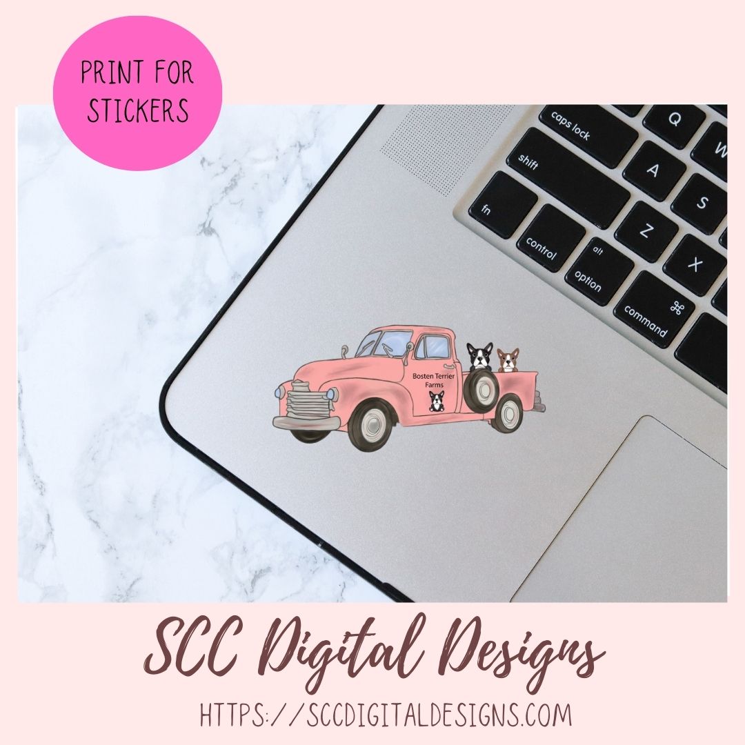Boston Terrier PNG, Vintage Pink Truck, Black & White Dog Clipart, T-Shirts for Mom, Animal Lover Wall Art for Girlfriend, Commercial Use