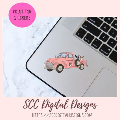 Boston Terrier PNG, Vintage Pink Truck, Black & White Dog Clipart, T-Shirts for Mom, Animal Lover Wall Art for Girlfriend, Commercial Use