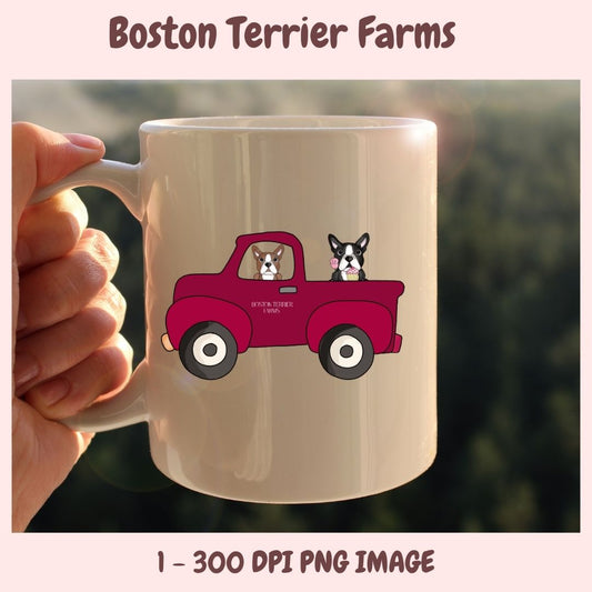 Mug with Boston Terrier design and 'Boston Terrier Farms' text, held by a hand.