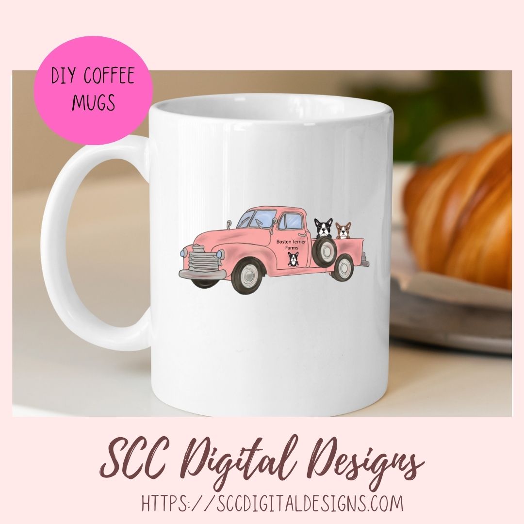 Boston Terrier PNG, Vintage Pink Truck, Black & White Dog Clipart, T-Shirts for Mom, Animal Lover Wall Art for Girlfriend, Commercial Use