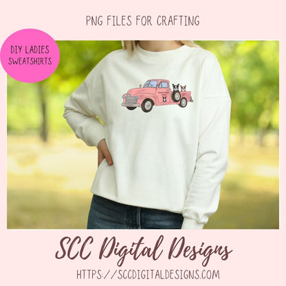 Boston Terrier PNG, Vintage Pink Truck, Black & White Dog Clipart, T-Shirts for Mom, Animal Lover Wall Art for Girlfriend, Commercial Use