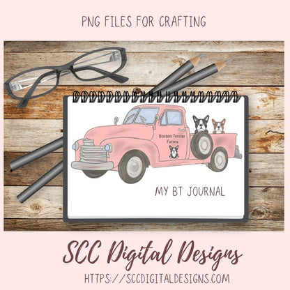 Boston Terrier PNG, Vintage Pink Truck, Black & White Dog Clipart, T-Shirts for Mom, Animal Lover Wall Art for Girlfriend, Commercial Use