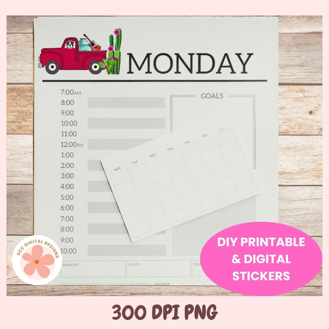 Weekly planner sheet with a red truck and cactus design, labeled 'MONDAY', on a wooden surface.