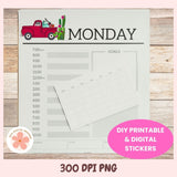 Weekly planner sheet with a red truck and cactus design, labeled 'MONDAY', on a wooden surface.