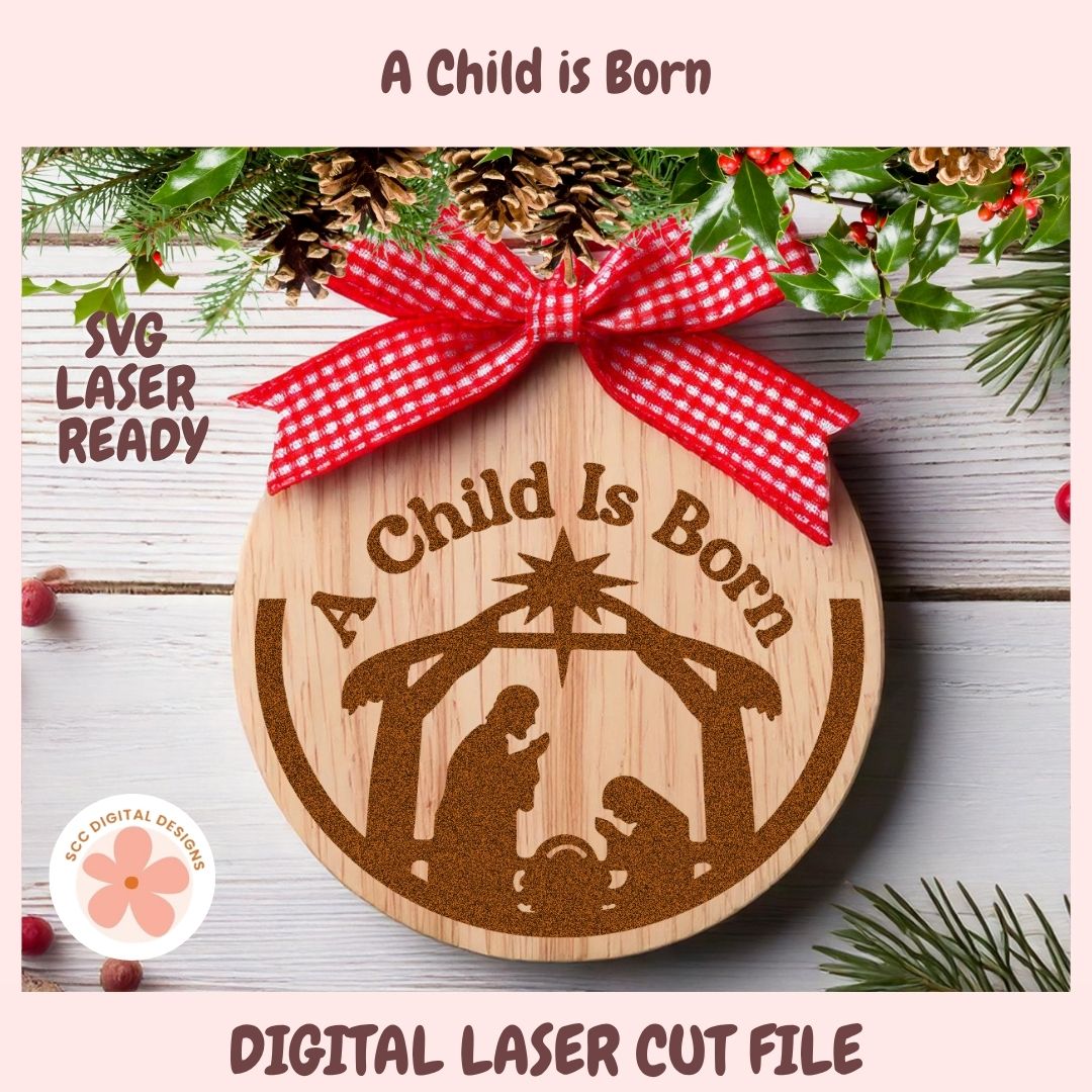 Wooden ornament with nativity scene and 'A Child is Born' text, tied with a red ribbon, on a festive background.