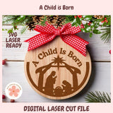 Wooden ornament with nativity scene and 'A Child is Born' text, tied with a red ribbon, on a festive background.
