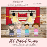 Theatre Clipart & Digi Stamps, Kids PNG Designs for Shirts, Director's Chair Lights Curtain, Instant Download Clip Art Scrapbooking Elements