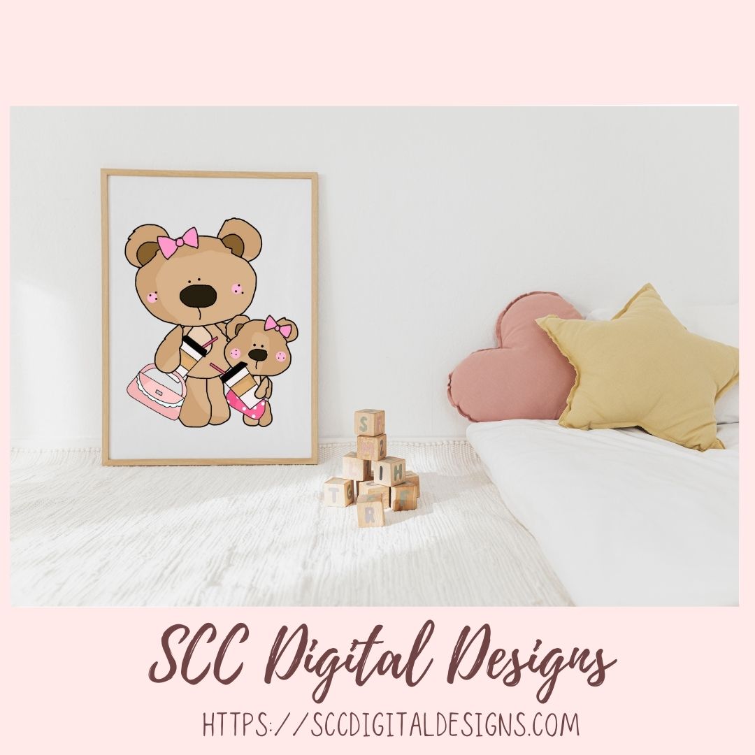 A Day with Mom PNG, Mommy and Baby Bear Clipart for Stickers, Wordart Scrapbook Elements, Girly Whimsical Wildlife Clip Art for Tumblers