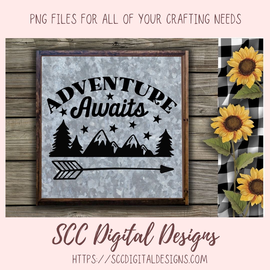 Adventure Awaits SVG, Mountains & Stars PNG for T-Shirts for Mom, DIY Camping Wall Art for Girlfriend, Cabin Decor for Boyfriend Gift