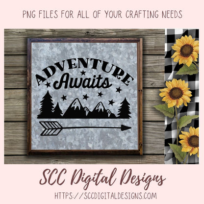 Adventure Awaits SVG, Mountains & Stars PNG for T-Shirts for Mom, DIY Camping Wall Art for Girlfriend, Cabin Decor for Boyfriend Gift