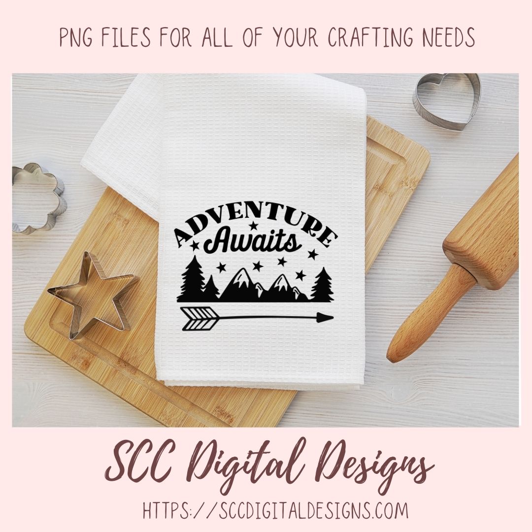Adventure Awaits SVG, Mountains & Stars PNG for T-Shirts for Mom, DIY Camping Wall Art for Girlfriend, Cabin Decor for Boyfriend Gift