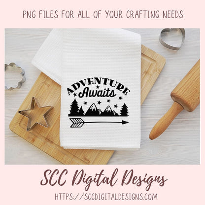 Adventure Awaits SVG, Mountains & Stars PNG for T-Shirts for Mom, DIY Camping Wall Art for Girlfriend, Cabin Decor for Boyfriend Gift
