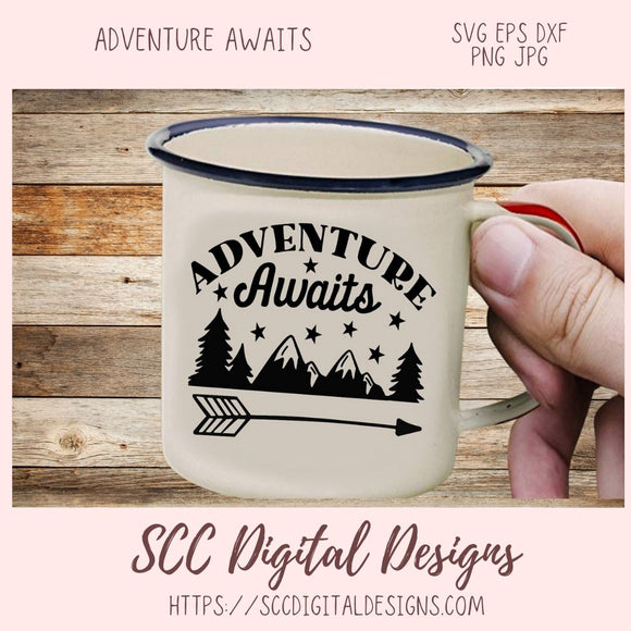 Adventure Awaits SVG, Mountains & Stars PNG for T-Shirts for Mom, DIY Camping Wall Art for Girlfriend, Cabin Decor for Boyfriend Gift