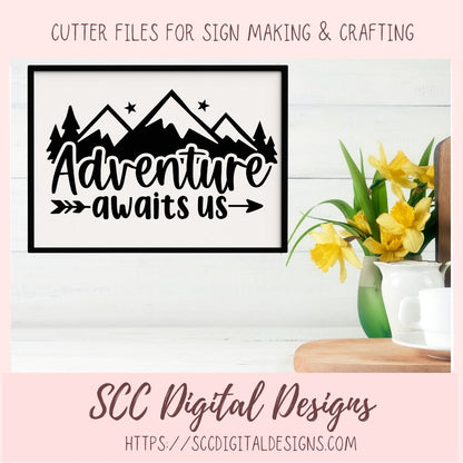 Adventure Awaits SVG, DIY Mountain & Stars Cabin Decor for Dad, Outdoor Lover T-Shirt for Mom, Road Trippin Glamper Wall Art for Camping