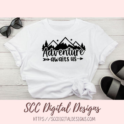 Adventure Awaits SVG, DIY Mountain & Stars Cabin Decor for Dad, Outdoor Lover T-Shirt for Mom, Road Trippin Glamper Wall Art for Camping