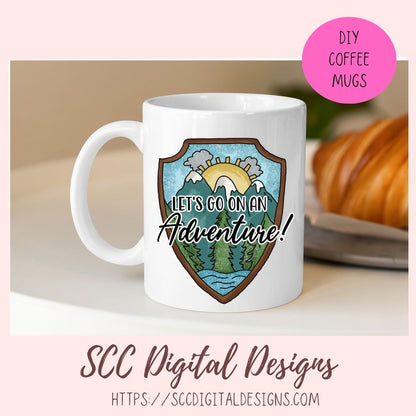 Adventure Sublimation Clipart, Mountains & Lake Badge Clip Art for T-Shirts for Dad, Let's Go On An Adventure PNG Outdoor Lovers Gift