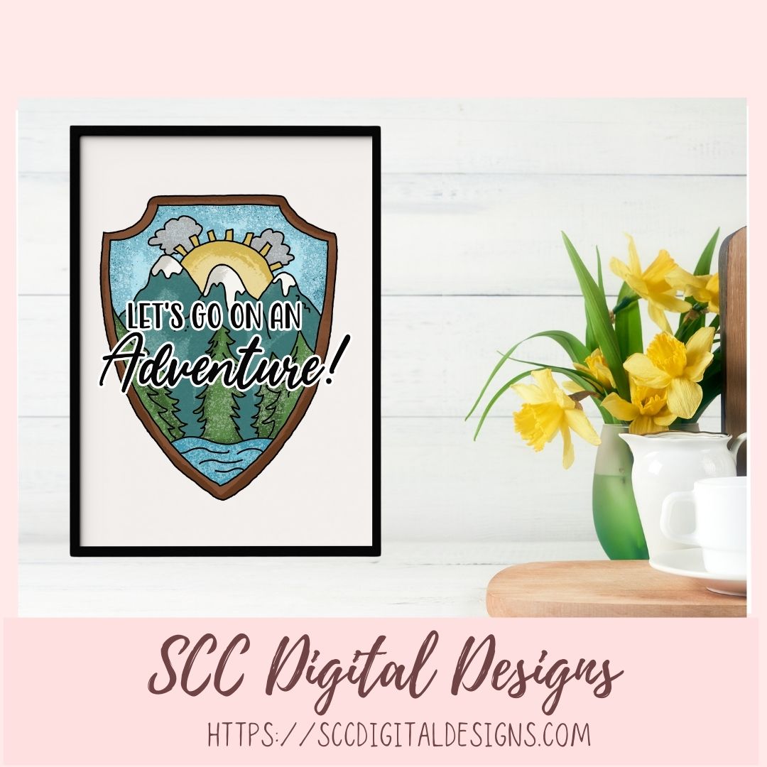 Adventure Sublimation Clipart, Mountains & Lake Badge Clip Art for T-Shirts for Dad, Let's Go On An Adventure PNG Outdoor Lovers Gift
