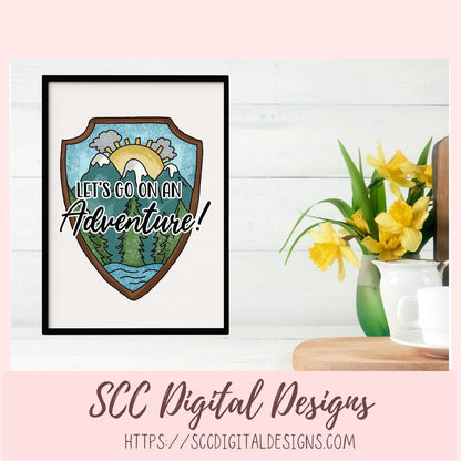 Adventure Sublimation Clipart, Mountains & Lake Badge Clip Art for T-Shirts for Dad, Let's Go On An Adventure PNG Outdoor Lovers Gift