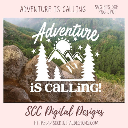 Adventure is Calling SVG, Glamper Decor for Women, Mountains & Trees Outdoor Enthusiasts T-Shirt for Men, Cabin Wall Art, Nature Lover Gift