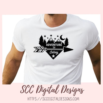 Adventure is Calling #2 SVG, Mountain & Stars Outdoor Enthusiast T-Shirt, DIY Camping Decor for Mom, Back to Nature Farmhouse Sign
