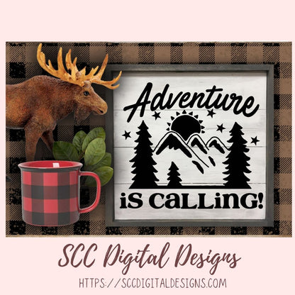 Adventure is Calling SVG, Glamper Decor for Women, Mountains & Trees Outdoor Enthusiasts T-Shirt for Men, Cabin Wall Art, Nature Lover Gift