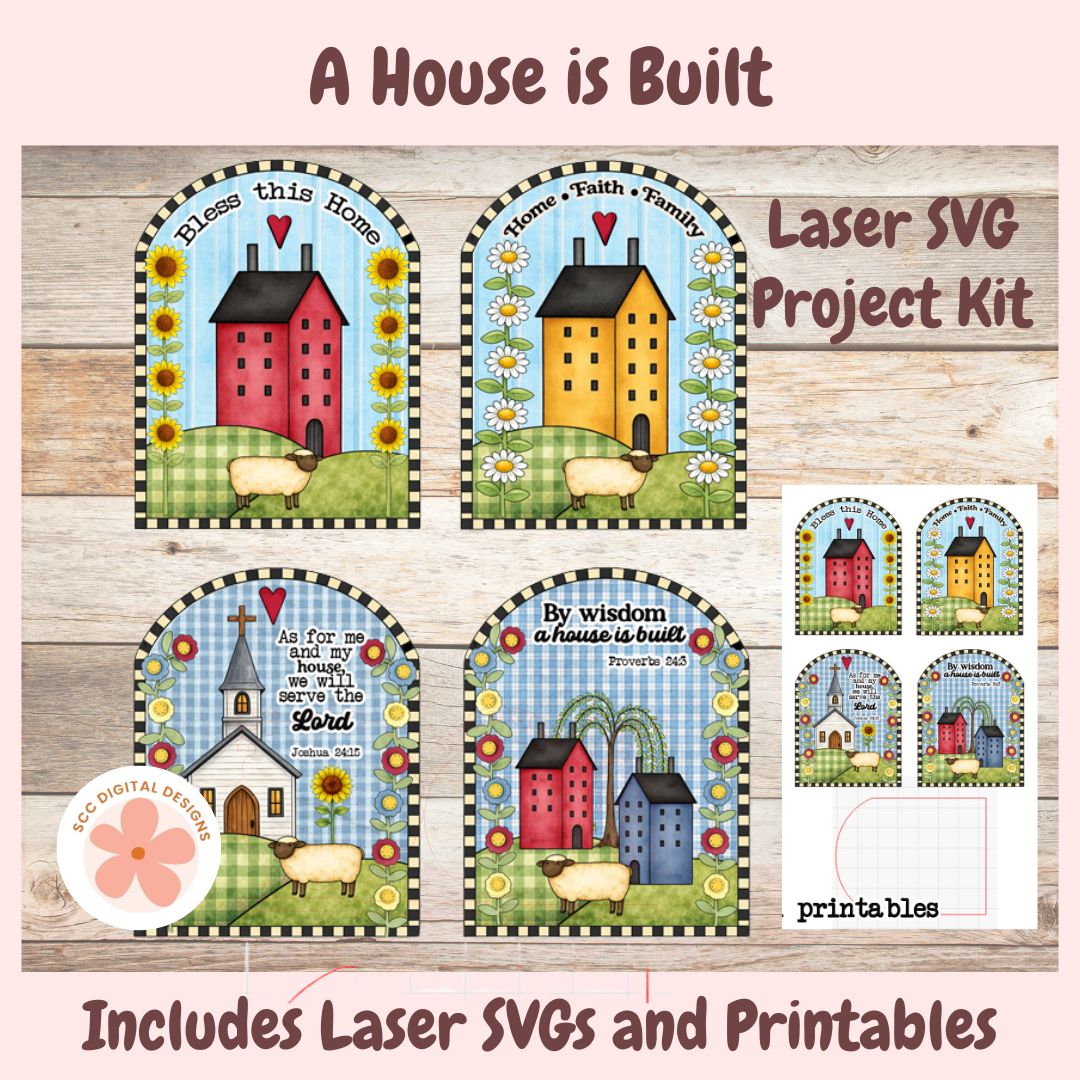 Laser SVG project kit with house designs and text on a wooden background