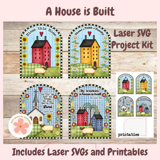 Laser SVG project kit with house designs and text on a wooden background