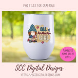 All American Girl Gnome PNG, Red White Blue Flag, DIY Patriotic Mugs and Tumblers for Women, T-Shirts and Hoodies for Kids, Commercial Use